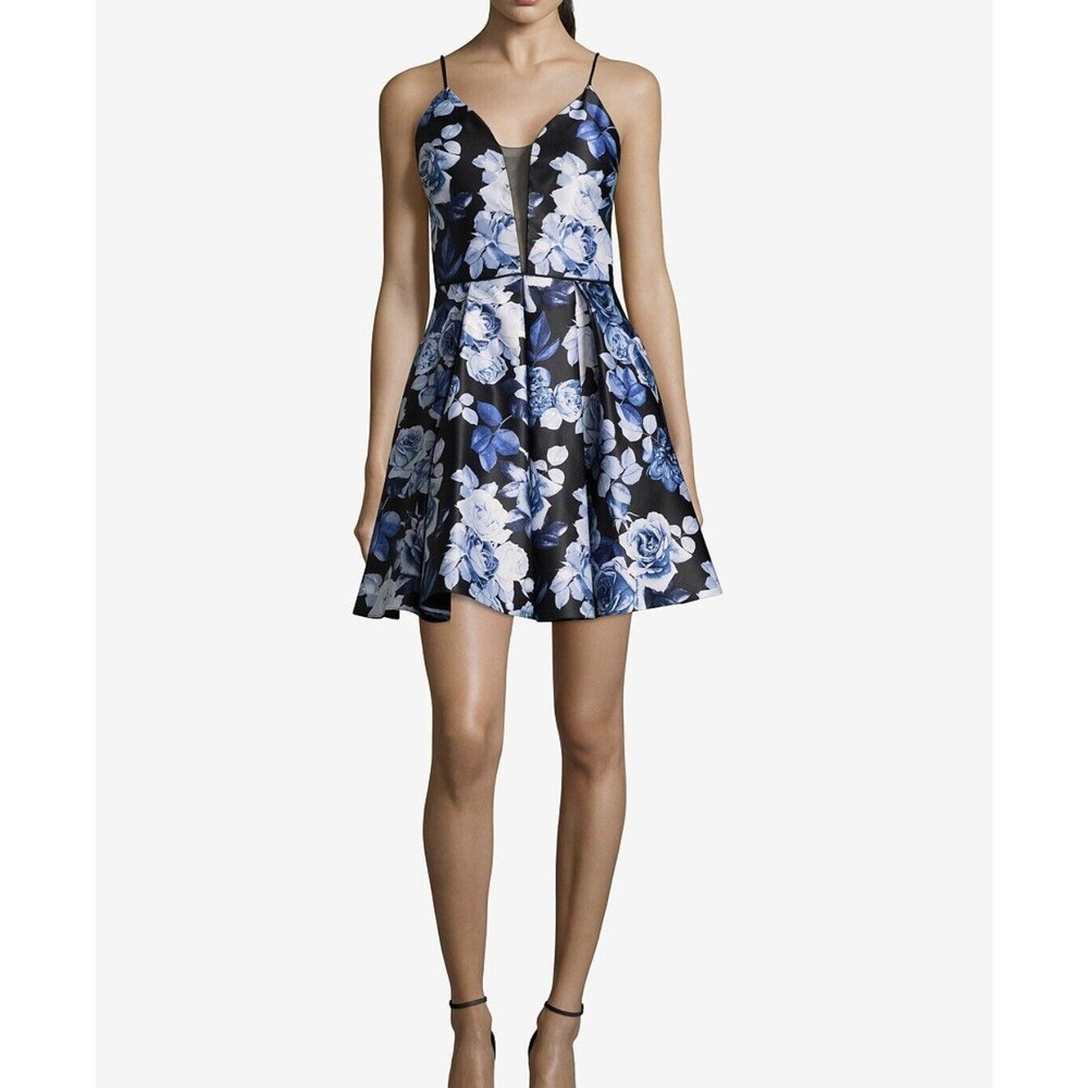 BETSY & ADAM NEW Women's Floral Illusion Mesh Fit & Flare Dress Black 4